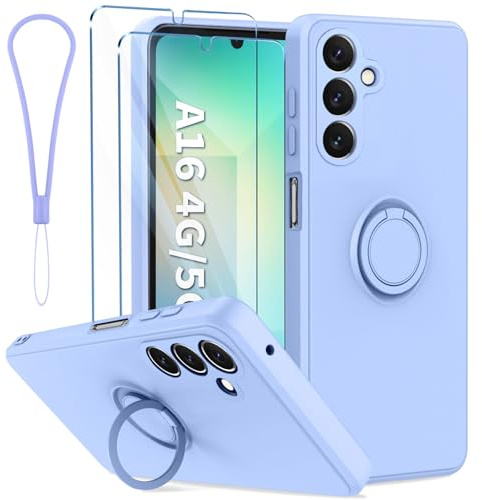 Qasyfanc Coque Protection Caméra Compatible avec Samsung Galaxy A16 5G/4G avec Support de Bague et 2 Pièces Verre Trempé, Housse de Haute Qualité Silicone Mince Lilas Violet