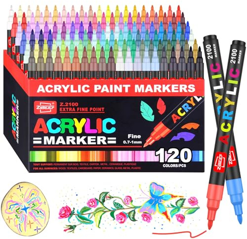 120 Couleurs Feutres Peinture Acrylique – Feutre Acrylique à Pointe Unique avec Pointes de Remplacement – Marqueur Peinture Acrylique Idéal pour Verre, Bois, Pierre, Métal, Céramique et Toile