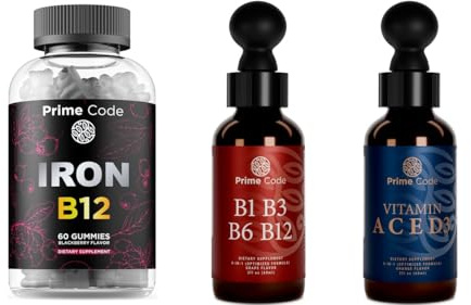 Prime Code Iron Gummies for Women & Men with Vitamin B12, Liquid Vitamin B1 Drops with Vitamin B3 B6 & B12, Liquid Vitamin A Supplement for Women & Men with Vitamin C E and D3