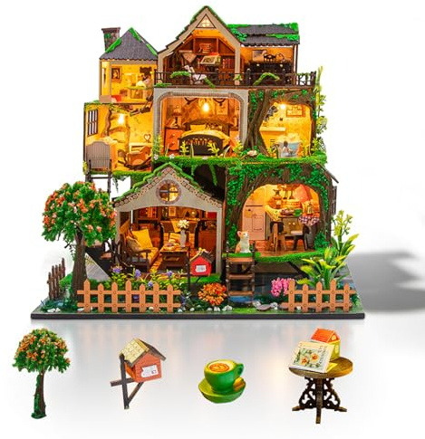 Cuteefun DIY Miniature House Kits, Mini Dollhouse with LED, Wooden Crafts for Adults Teen to Building, Birthday (Enchanted Forest)