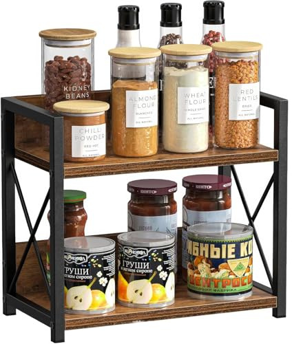 PCXWTLN Spice Rack Organizer, 2-Tier Kitchen Counter Shelf Organiser Spice Rack Industrial Counter Shelf Standing Seasoning Rack Wooden Desk Storage Rack for Kitchen Dining Room