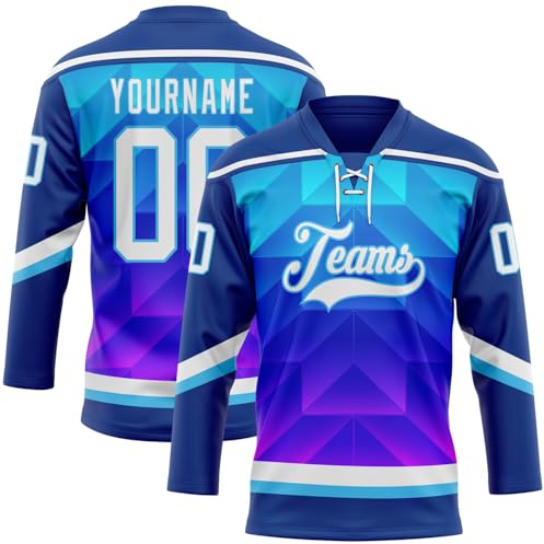 Customizable Royal Blue Gradient Hockey Jerseys Ice-Hockey Uniforms, Design for Men Women Youth Boys Girls, Long Sleeve Sports Jersey with Stitched Team Logos Number Name Athletic Apparel Shirts
