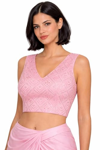 Women's Sequin Embroidery Saree Blouse, V-Neck Sleeveless Blouse, Traditional Ethnic Wear (US, Alpha, Medium, Regular, Regular, Baby Pink)