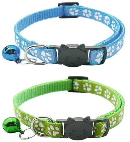 Quesuc 2 Piezas Collar Gato Con Cierre De Seguridad Y Cascabel, Collares De Nailon Ajustables Para Gatos Pequeños Para Usar Al Aire Libre (Verde, Azul)