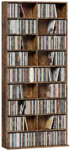 HOMCOM 640 CD/360 DVD Storage Unit 18 Compartments CD Tower Rustic Brown | Blu-ray Media Storage Shelf, 14 Adjustable Shelves, for Living Room Bedroom Office