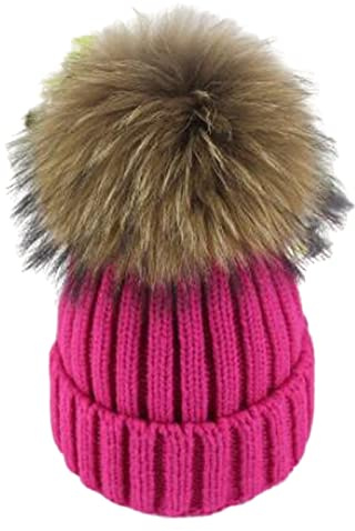 feifanshop Cappello caldo in pelliccia con pompon in vera pelliccia di procione berretto da sci pompon in pelliccia pompon in pelliccia Raccoon, Rosa acceso., Taglia unica
