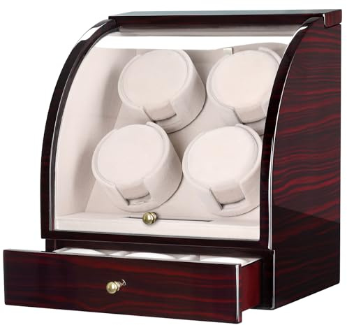 CHIYODA Watch Winder For 4 Watches + 3 Storage, Qiuet MABUCHI Motors, LCD Display & Control Screen (Brown01)