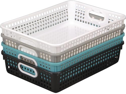 Really Good Stuff Plastic Desktop Paper Storage Baskets for Classroom or Home Use – Mesh Bins, 14.25” x 10” – (Set of 4), School Organization Supplies