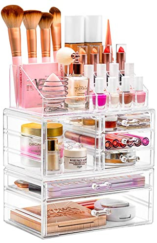 Sorbus Large Clear Makeup Organizer - Detachable 3-Piece Jewelry & Make Up Organizers and Storage Set - Spacious Cosmetic Display Tower - Makeup Organizer for Vanity, Bathroom, Dresser & Countertop