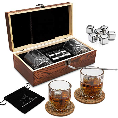 Whiskey Gift Sets for Men,Whisky Glass Set of 2,Stainless Steel Whisky Reusable Ice Stone Cubes,Gift for Birthday,Father‘s Day
