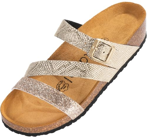 Palado Pantoletten Damen Chios - bequeme Sandalen Made in Spain - Hausschuhe mit dämpfendem Kork-Fußbett - modische Sommerschuhe Metallic Gold UK6 - EU39