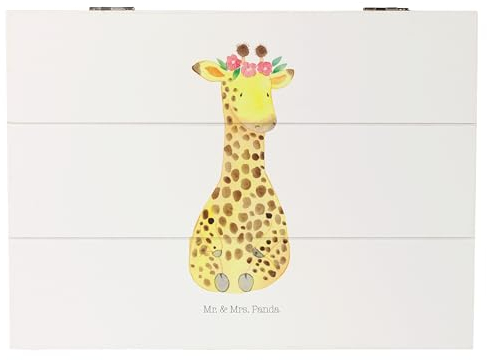 Mr. & Mrs. Panda 25 x 18 cm Holzkiste Giraffe Blumenkranz - Geschenk, Freundin, Selbstliebe, Abenteurer, Afrika, Erinnerungskiste, Wildtiere, Truhe,