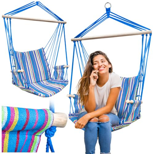 ZOLTA Hängmatta 60 x 100 cm – inomhus och utomhus – hängande gungstol med armstöd – trädgårdstillbehör – hängande gungstol – hängmatta – hammock för barn och vuxna – blå ränder