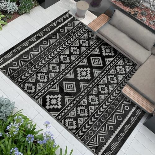 Famibay Outdoor Teppich Wetterfest Terrassenteppich Kunststoff Gartenteppich Wendbar Balkonteppich Camping Teppich Faltbare Picknickdecke für Terrasse Garten Balkon Camping(Schwarz, 150 x 245 cm)