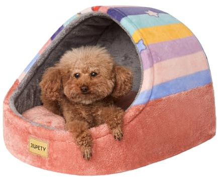 Jiupety Cute Cat Beds for Indoor Cats, Cat Cave Bed for Kittens, Hideaway Cat House for Cats & Small Dog with Anti-Slip Bottom, Washable Removable Cushion, L(19x17x16), Rainbow