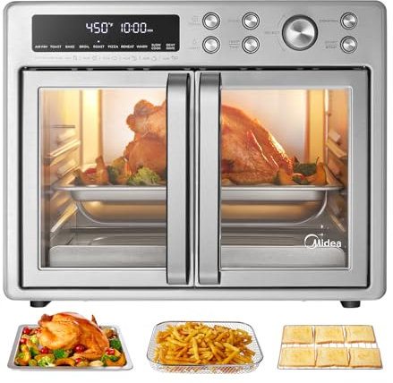 Midea Flexify Classic French Door Toaster Oven Air Fryer Combo, 10-in-1 Large Capacity 26.4 QT Countertop Oven, 25% Faster Cooking and 90% Less Oil, Stainless Steel