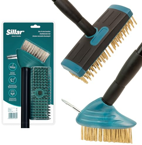 Sillar Unkrautbürste, Fugenbürste Set, Drahtbürste mit Teleskop-Stiel 80-140cm | Fugenkratzer und Schrubber Drahtbürste Unkrautbürste | Fugenreiniger Unkraut Entferner