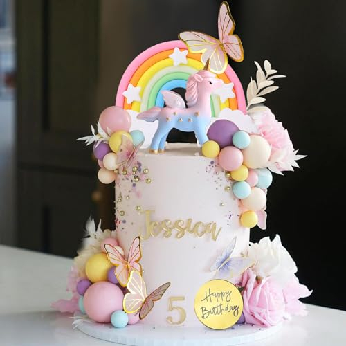53 decorazioni per torta a forma di unicorno, arcobaleno rosa, decorazioni per torte con fiori secchi artificiali, decorazione colorata per torte per ragazzi, ragazze, bambini, feste di compleanno