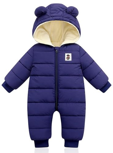 Minizone Baby Snowsuit Winter Hooded Romper Warm Pramsuit Baby Coat Jumpsuit Zipper Bodysuits Infant Clothes Outfits Boys Girls 12-18 Months Blue