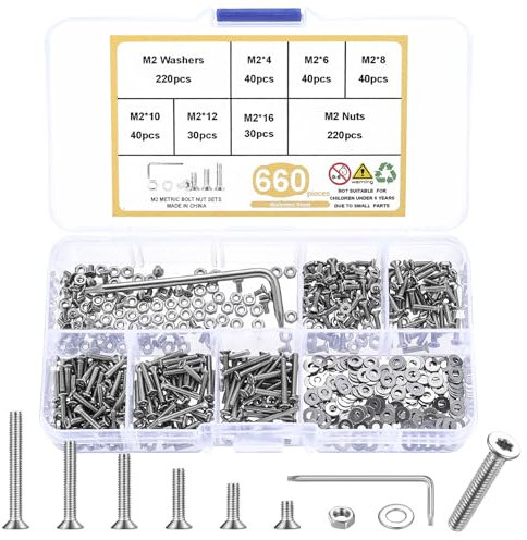 660 STK M2 Torx Schrauben Set, Senkkopfschrauben Muttern Set, Torx Flachkopfschrauben mit Muttern Set, Edelstahl Maschinenschrauben Sortiment und Unterlegscheiben Set, metrische Gewindeschrauben Set