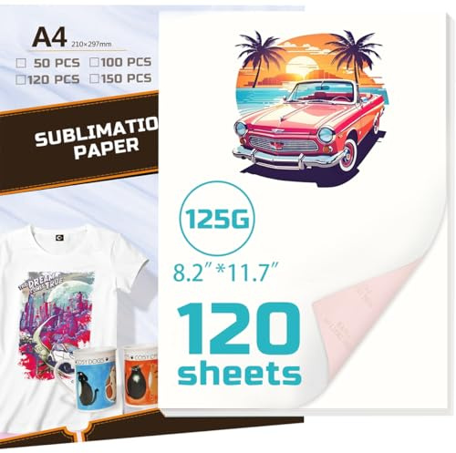 LetCartMaker Sublimation Paper A4, Sublimation HTV for Dark/Light Fabric, High Transfer Rate Heat Transfer Vinyl for DIY T-Shirts Hat Bag Mug Craft Supplies（125g, 120 Sheets