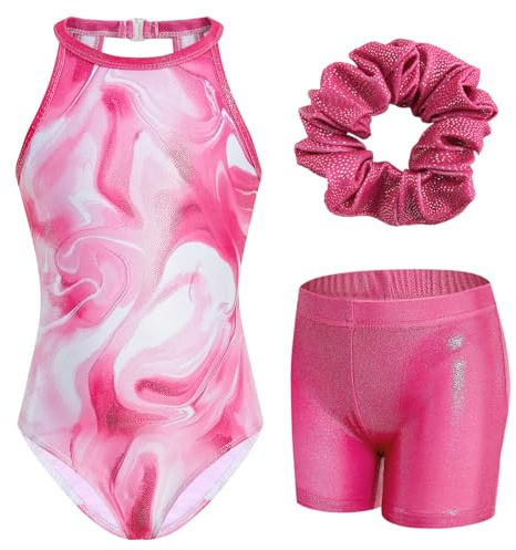 JiAmy Justaucorps de gymnastique pour filles avec short - Ensemble, fermeture à rabat - Vêtement d'activité athlétique - Tenue de gymnastique pour enfants scintillante pour 3-12 ans, rose, 11-12 ans