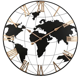 36 Inch Large World Map Wall Clock, Black Metal Frame with Gold Roman Numerals, Modern Round, Silent Non Ticking Battery Operated, Easy to Read for Living Room, Entrance Fireplace, Dining Room