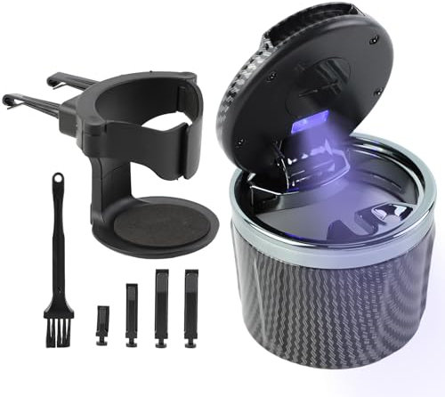 Geoyien Posacenere Auto, Portacenere per Auto, Antiodore, con Supporto e Spazzola di Pulizia, Luce LED Automatica, Batteria Sostituibile, Sigillato, Ignifugo, Grande Capacità (Grigio)