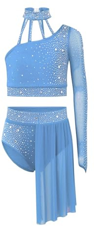 renvena Two Piece Lyrical Costume for Girls Dance Outfit Sparkle Ballet Leotard Dress Crop Tops Skirt Sets Light Blue 9-10 Years