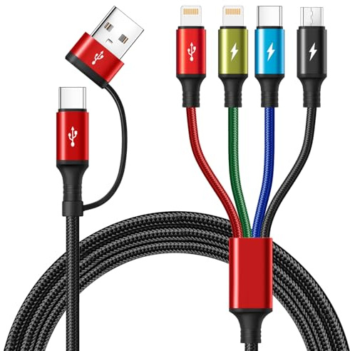 Minlu 4 in 2 Multi Cavo di Ricarica, Cavo USB Multiplo con Trasferimento Dati[3,5A 1,2M] Cavo di Ricarica Multiplo Nylon Intrecciato,USB A/C a Lightning/Tipo C/Micro per iPhone/Galaxy/Android/Tablet