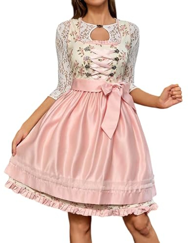 Duohropke Dirndl Damen 3 Teilig Midi Trachtkleid mit Spitze Trachtenmode inkl. Flügelärmel V Ausschnitt Dirndlbluse Dirndlschürze für Oktoberfest Karneval besondere Anlässe, Rosa., M