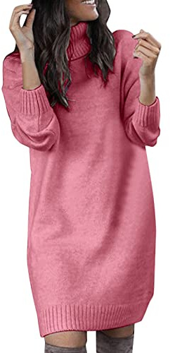 Generisch 2025 suéter de invierno para mujer con cuello alto largo vestido de punto manga corta, Rosa., XL
