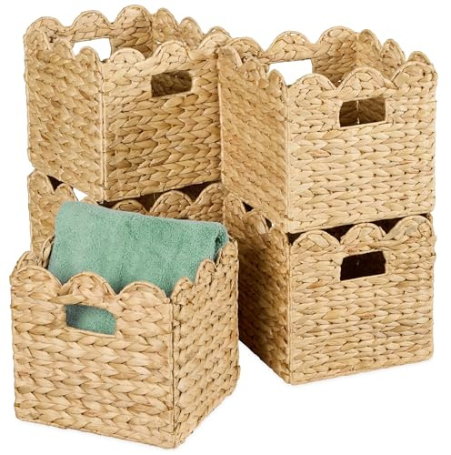 Best Choice Products 10.5x10.5in Scalloped Hyacinth Baskets, Set Of 5 Multipurpose Collapsible Storage Organizer, Handwoven Laundry Totes for Bedroom, Living Room, Shelves – Natural