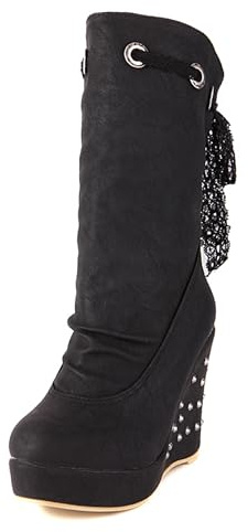 LarDorLin Compensées Plateforme Bottes Mi-Mollet Femme A Enfiler Bout Rond Elegant Slouch Hiver Mariage Vintage Bottines Noir Taille 41 EU (43 Cn)