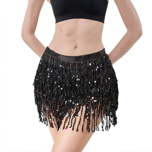 SUBRINGE Jupe à Paillettes pour Femme, Jupe à Pampilles à Paillettes, Costume de Danse du Ventre Mini Jupes à Franges Écharpe de Hanches pour Festival Carnaval Soirée Rave (Noir)