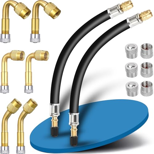 Vehepeay 6 Pcs Rallonge Valve Pneu 45 90 135 Degrees H62 Brass,6 Bouchon Valve Pneu Voiture, 2 Flexible de Gonflage de Pneus de 18 cm, Adaptateur Valve pour Voitures, Camions, Motos, Vélos