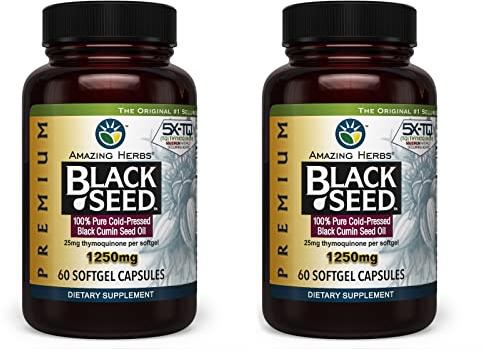 Amazing Herbs Premium Black Seed Oil Capsules - High Potency, Cold Pressed Nigella Sativa Aids in Digestive Health, Immune Support & Brain Function - 60 Count, 1250mg (60 Count (Pack of 2))