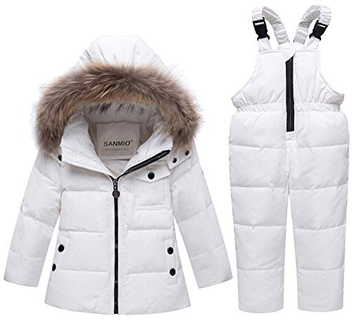 SANMIO Baby Boys Girls Two Piece Snowsuit, Toddler Winter Hooded Puffer Down Jacket Coat with Ski Bib