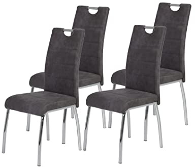 Hela Tische, 4er Set Esszimmerstuhl Küchenstuhl Susi, Mikrofaser Vinatge Anthrazit, Metallgestell + Griff Chrom