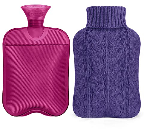 samply Hot Water Bottle with Knitted Cover, 2L Hot Water Bag for Hot and Cold Compress, Hand Feet Warmer, Ideal for Menstrual Cramps, Neck and Shoulder Pain Relief, Purple