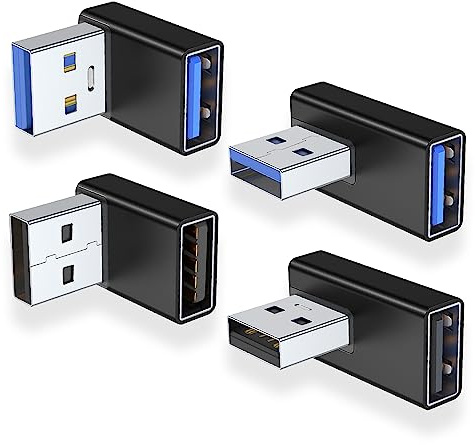 AreMe 90 Degree USB 3.0 Adapter 4 Pack, Up and Down Angle, Left and Right Angle USB A Male to Female Converter Extender for PC, Laptop, Type A Charger, Power Bank and More (Black)