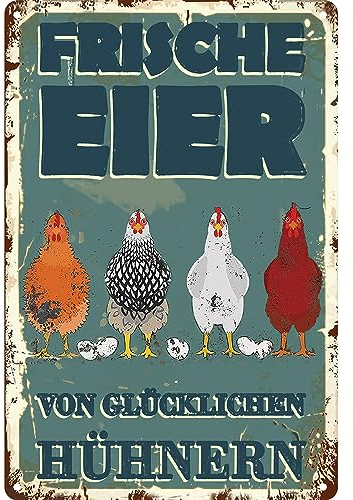 Hühnerstall Outdoor Blechschild-frische Eier glückliche Hühner Metallschild,Lustige Coop Metallschilder Vintage Schild Hühnerstall Zubehör Outdoor Deko(30x20cm)