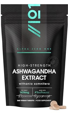 Ashwagandha Extract 1474mg with BioPerine® - 365 Vegan Tablets (1 Year Supply) - Potent 3% Withanoids - High Strength Ashwagandha Root Extract (not Ashwagandha Capsules)