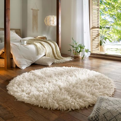 Taracarpet Teppich Wollteppich Flokati Diana aus Schurwolle, Schafwollteppich Hochflor Langflor fürs Wohnzimmer Schlafzimmer Esszimmer Weiss beige Creme 200 cm rund
