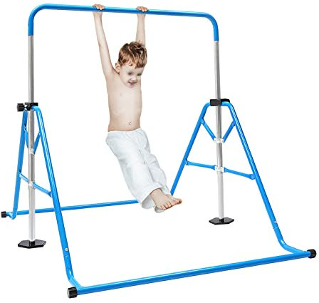 KAUITOPU Barre d'entraînement junior, barre de gymnastique pour enfant, avec 5 hauteurs réglables, 115 à 155 cm, horizontale, pour enfants de 3 à 8 ans, pour l'intérieur et l'extérieur, bleue