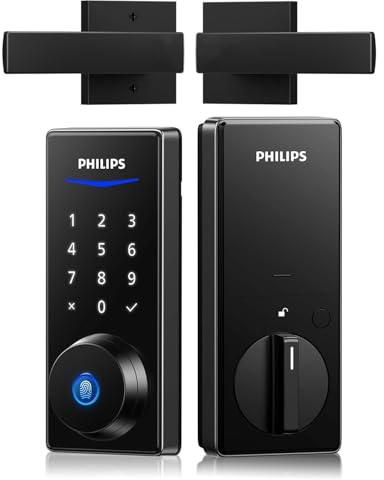Philips Front Door Lock Set, Electronic Fingerprint Lock with 2 Lever Handles, Keyless Entry Door Lock with Handles, Auto Locking, Fingerprint Unlock, Touchscreen Keypad with Key