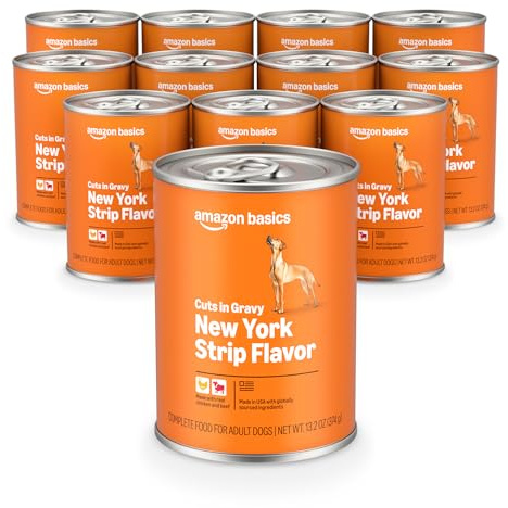 Amazon Basics Wet Dog Food, Cuts in Gravy, New York Strip Flavor, Made with Real Chicken & Beef, 13.2 oz can (Pack of 12)