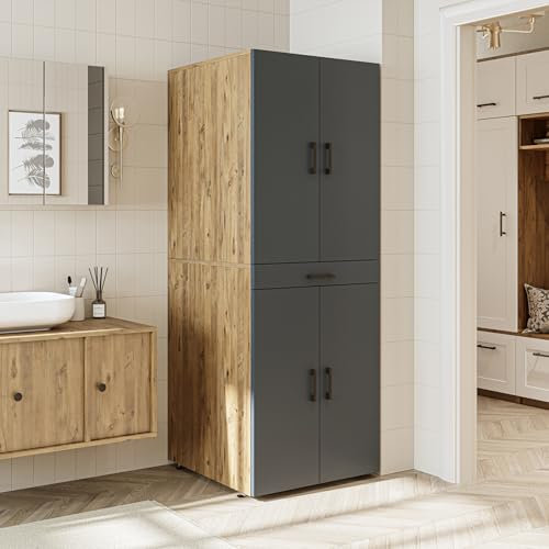 ROOMART Dora Armoire de machine à laver, pour sèche-linge et machine à laver, en 4 couleurs, avec portes et planche coulissante (chêne anthracite)