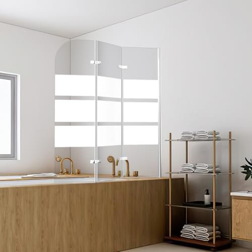 Jaxguom Paroi de douche pour baignoire, 120 x 140 cm, pliable, en 3 parties, avec verre de sécurité ESG de 6 mm, bandes blanches