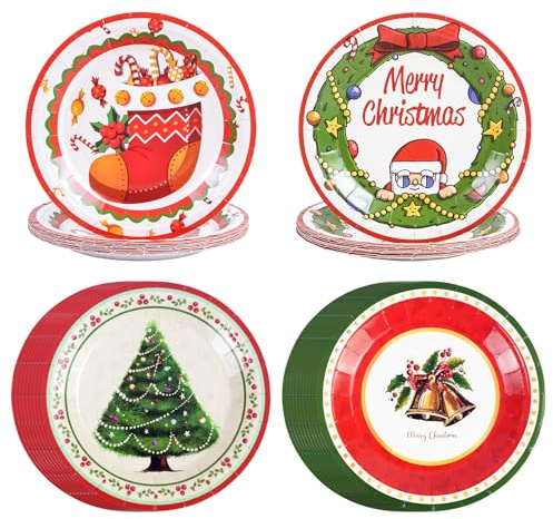 DHAIQC 48Pcs Christmas Paper Plates 7 Inch, Xmas Tree Santa Christma Party Plates Dessert Plates Cake Plates for Winter Birthday Christmas Party Decorations